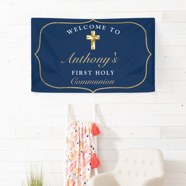 Elegant Blue Gold First Holy Communion Welcome  Banner (Insitu)
