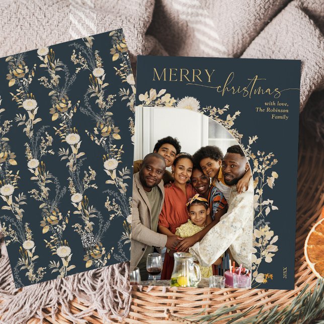 Elegant Blue Gold Floral 1 Photo Christmas Card (Creator Uploaded)