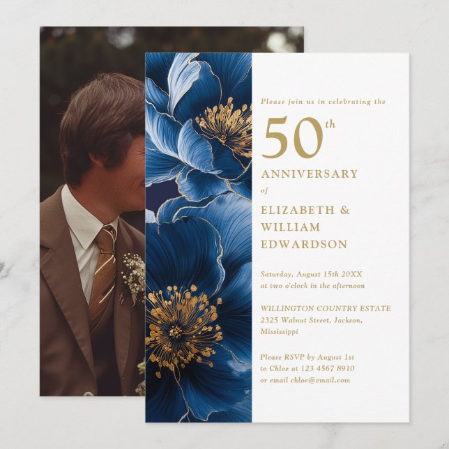 Elegant Blue Gold Floral 50th Anniversary Photo Invitation (Front/Back)