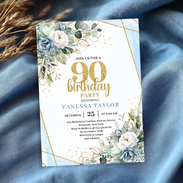 Elegant Blue Gold Floral 90th Birthday Party Card (Elegant Blue Gold Floral 90th Birthday Party Card)