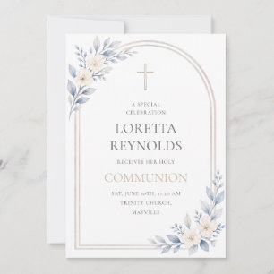 Elegant Blue Gold Floral Arch Holy Communion Invitation