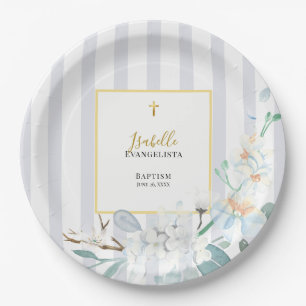 Elegant Blue Gold Floral Baptism Paper Plate