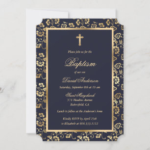 Elegant Blue Gold Floral Boy Baptism Invitation