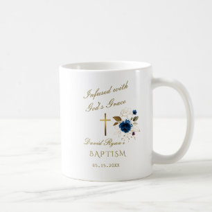 Elegant Blue Gold Floral Calligraphy Boy Baptism Coffee Mug