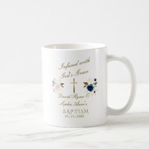 Elegant Blue Gold Floral Calligraphy Twins Baptism Coffee Mug