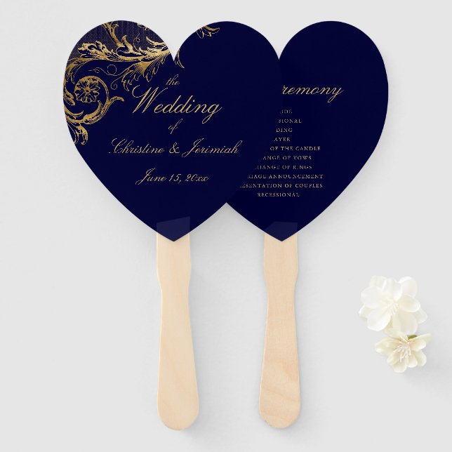 Elegant Blue Gold Floral Damask Script Wedding Hand Fan (Front and Back)
