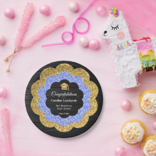 Elegant Blue Gold Floral Graduation Party Paper Plate