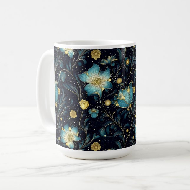 Elegant Blue & Gold Floral Holiday Design Coffee Mug (Front Left)