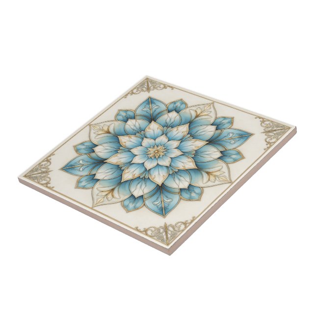 Elegant Blue Gold Floral Mandala Ceramic Tile (Side)