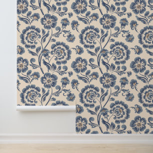 Elegant Blue Gold Floral Peel and Stick Wallpaper