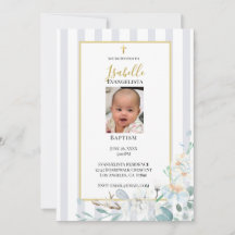 Elegant Blue Gold Floral Photo Baptism Invitation