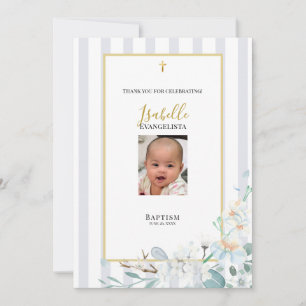 Elegant Blue Gold Floral Photo Baptism Thank You Card