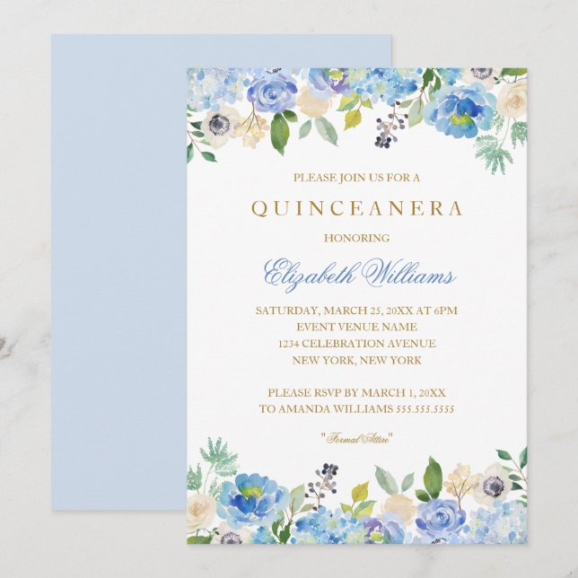 Elegant Blue Gold Floral Quinceanera Invitation (Front/Back)