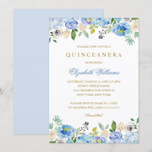 Elegant Blue Gold Floral Quinceanera Invitation