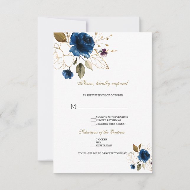 Elegant Blue Gold Floral Song Request Wedding RSVP Card (Front)