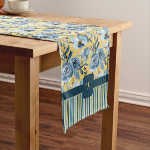 Elegant Blue Gold Floral Stripe Pattern Monogram  Short Table Runner