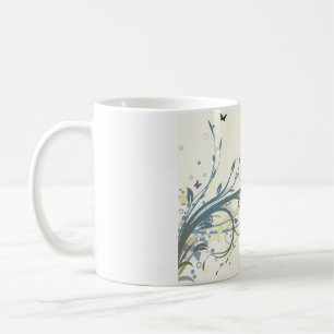Elegant Blue Gold Floral Swirls with Butterflies Coffee Mug