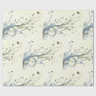 Elegant Blue Gold Floral Swirls with Butterflies Wrapping Paper