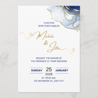Elegant Blue & Gold Floral Wedding Invitation | Mo