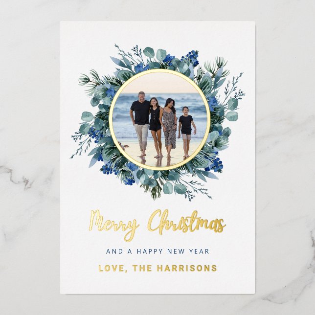 Elegant Blue Gold Floral Wreath Christmas  Foil Holiday Card (Front)