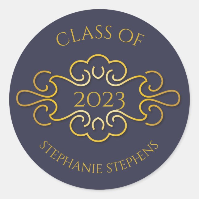 Elegant Blue | Gold Flourish Class of 2023 Name Classic Round Sticker (Front)