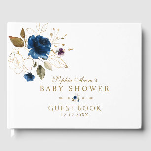 Elegant Blue Gold Flowers Baby Shower Guest Book
