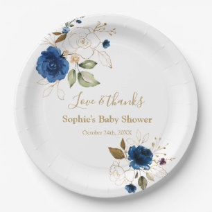 Elegant Blue Gold Flowers Baby Shower Paper Plate