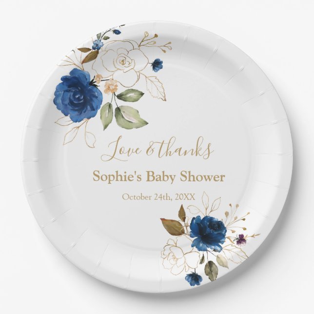Elegant Blue Gold Flowers Baby Shower Paper Plate (Front)