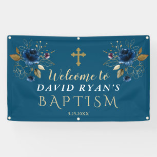Elegant Blue Gold Flowers Baptism Welcome Sign