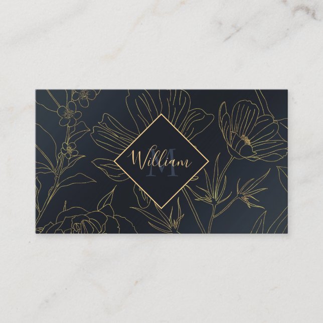 Elegant Blue Gold Flowers Botanical Business Card (Front)