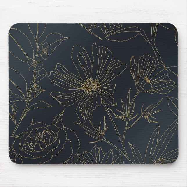 Elegant Blue Gold Flowers Botanical Mouse Mat (Front)