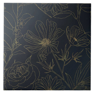 Elegant Blue Gold Flowers Botanical Tile