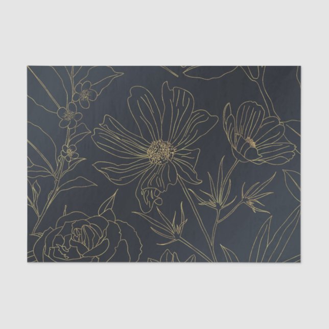 Elegant Blue Gold Flowers Botanical Tissue Paper (Front)