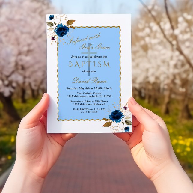 Elegant Blue Gold Flowers Boy Baptism Invitation (Creator Uploaded)