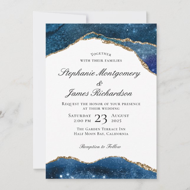 Elegant Blue Gold Foil Agate Wedding Invitation (Front)