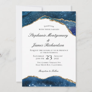 Elegant Blue Gold Foil Agate Wedding Invitation
