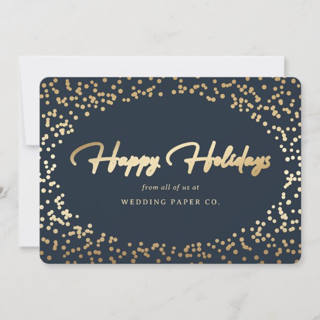 Elegant Blue Gold Foil Hand Lettered Business Holiday Card (Front)