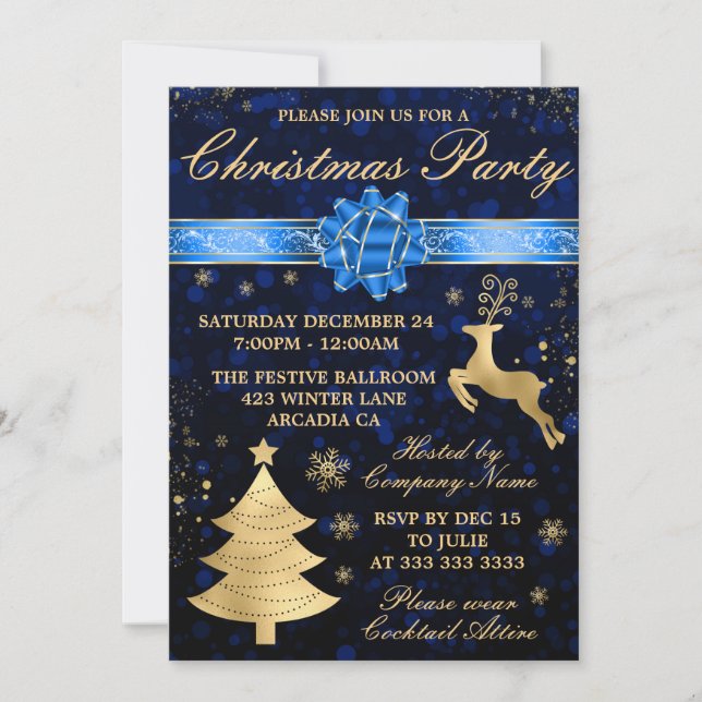Elegant Blue & Gold Foil Ribbon Christmas Party Invitation (Front)