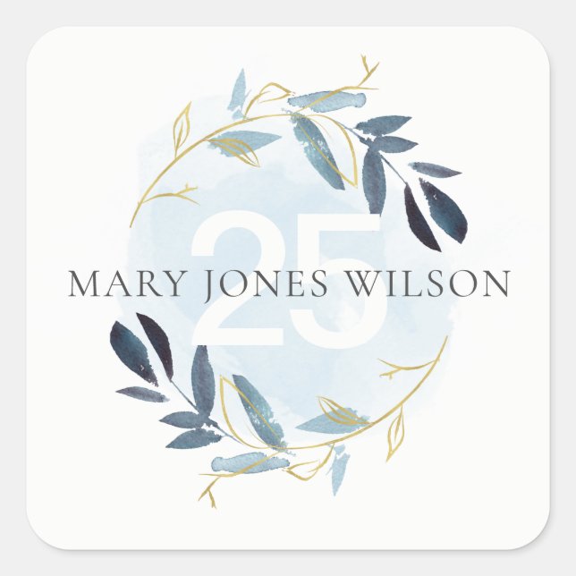 ELEGANT BLUE GOLD FOLIAGE WREATH ANY AGE BIRTHDAY SQUARE STICKER (Front)