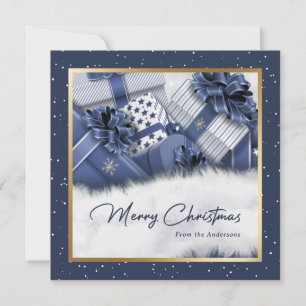 Elegant Blue Gold Gifts Snow Christmas Cards