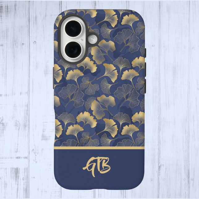 Elegant Blue Gold Ginkgo Leaves with Name Monogram Case-Mate iPhone Case (Creator Uploaded)