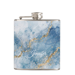Elegant Blue Gold Glitter Abstract Flow Hip Flask