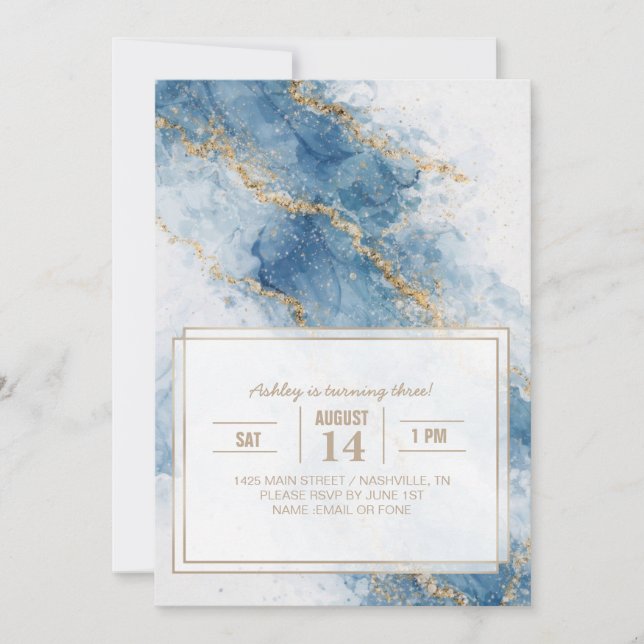 Elegant Blue Gold Glitter Abstract Flow            Invitation (Front)