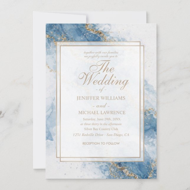 Elegant Blue Gold Glitter Abstract Flow            Invitation (Front)