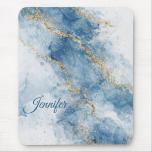 Elegant Blue Gold Glitter Abstract Flow Mouse Mat