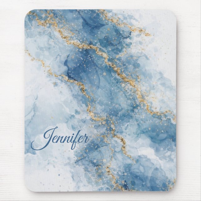 Elegant Blue Gold Glitter Abstract Flow            Mouse Mat (Front)