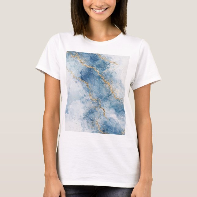 Elegant Blue Gold Glitter Abstract Flow            T-Shirt (Front)