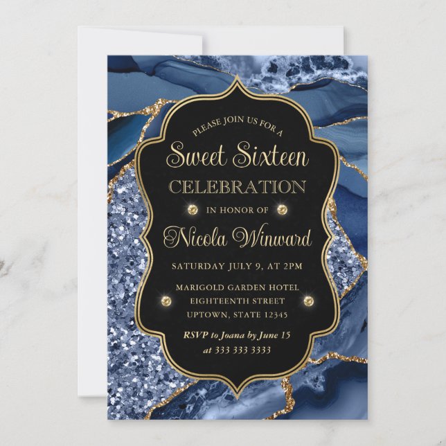 Elegant Blue & Gold Glitter Agate Sweet Sixteen Invitation (Front)