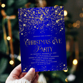 Elegant Blue Gold Glitter Christmas Eve Party Invitation
