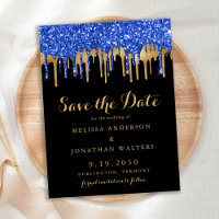 Elegant Blue Gold Glitter Drips Save The Date